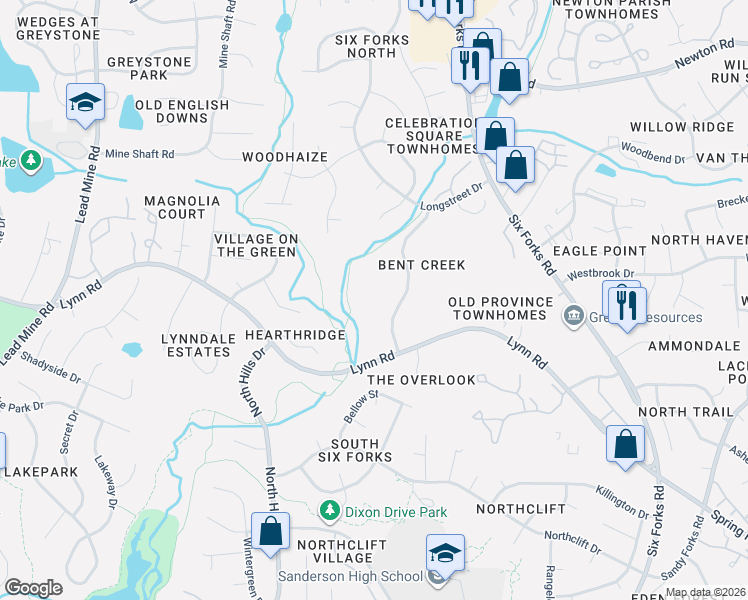 map of restaurants, bars, coffee shops, grocery stores, and more near 6540 English Oaks Drive in Raleigh