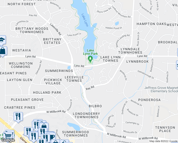map of restaurants, bars, coffee shops, grocery stores, and more near 404 Broad Leaf Circle in Raleigh