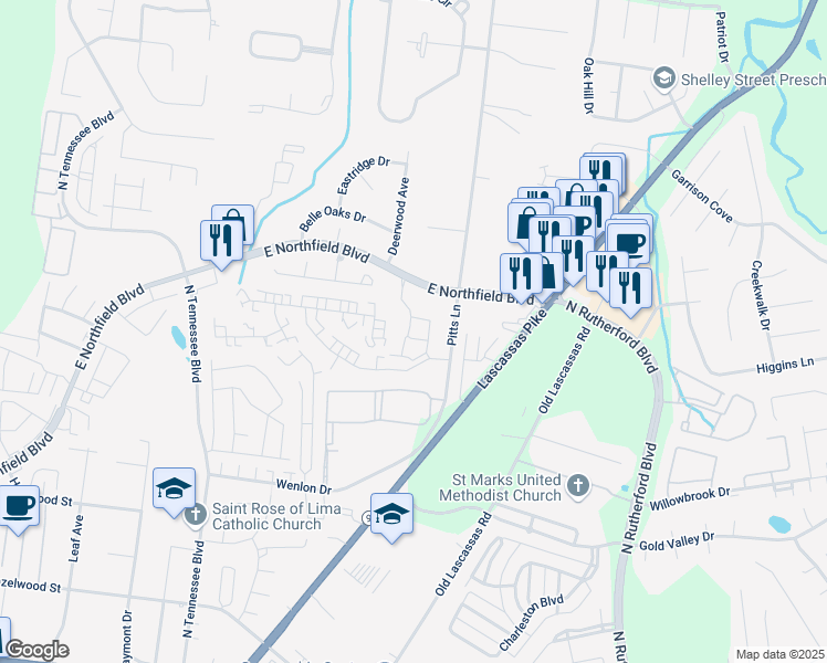 map of restaurants, bars, coffee shops, grocery stores, and more near 1710 East Northfield Boulevard in Murfreesboro