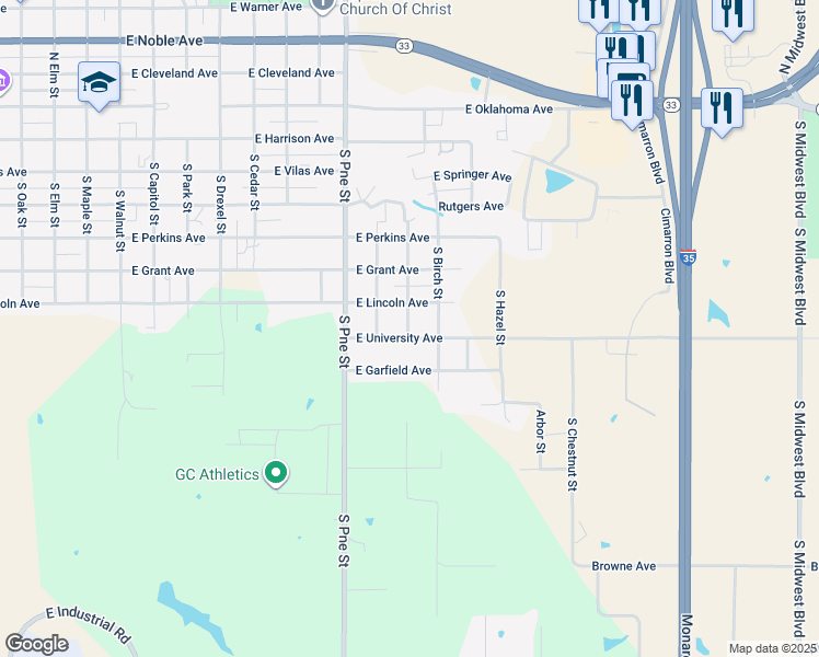 map of restaurants, bars, coffee shops, grocery stores, and more near 1614 East University Avenue in Guthrie