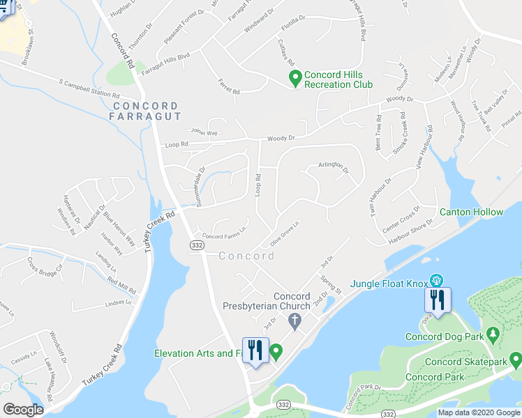 map of restaurants, bars, coffee shops, grocery stores, and more near 664 Loop Road in Knoxville