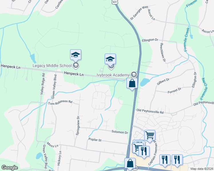 map of restaurants, bars, coffee shops, grocery stores, and more near 2389 Henpeck Lane in Franklin