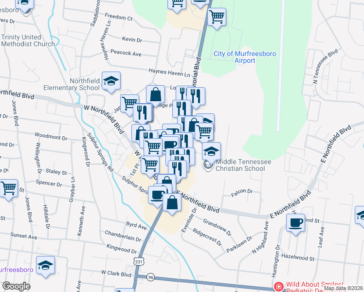 map of restaurants, bars, coffee shops, grocery stores, and more near 1801 Memorial Boulevard in Murfreesboro