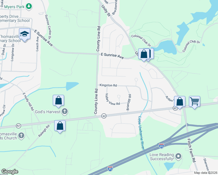 map of restaurants, bars, coffee shops, grocery stores, and more near 7279 Kingston Road in Thomasville