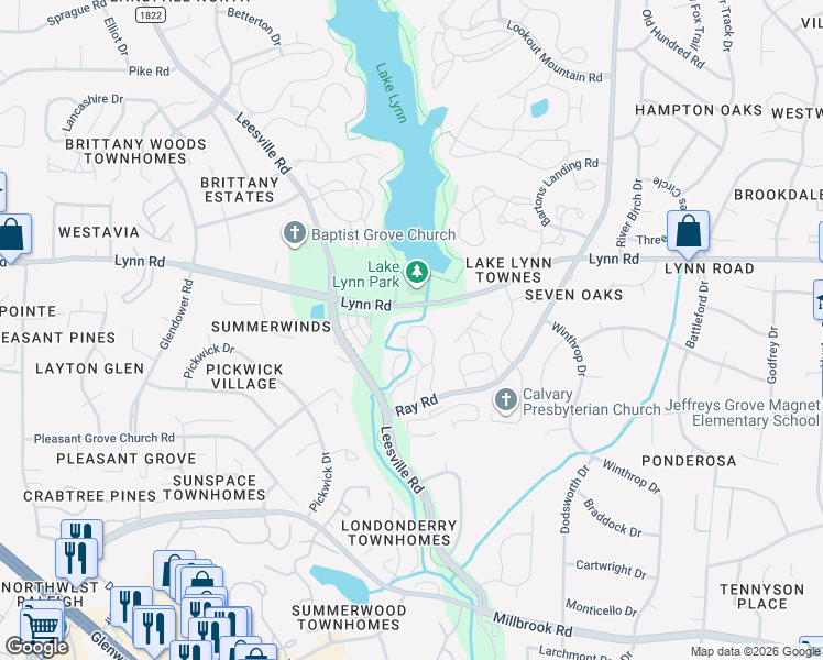 map of restaurants, bars, coffee shops, grocery stores, and more near 404 Broad Leaf Circle in Raleigh