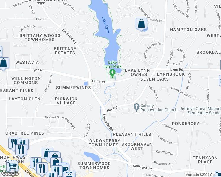 map of restaurants, bars, coffee shops, grocery stores, and more near 403 Broad Leaf Circle in Raleigh