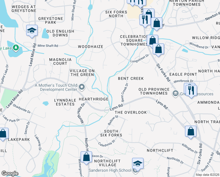 map of restaurants, bars, coffee shops, grocery stores, and more near 6543 English Oaks Drive in Raleigh