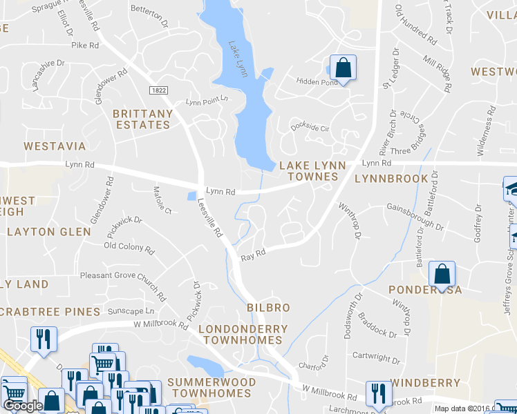 map of restaurants, bars, coffee shops, grocery stores, and more near 403 Broad Leaf Circle in Raleigh