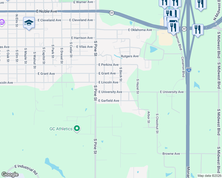map of restaurants, bars, coffee shops, grocery stores, and more near 1614 East University Avenue in Guthrie