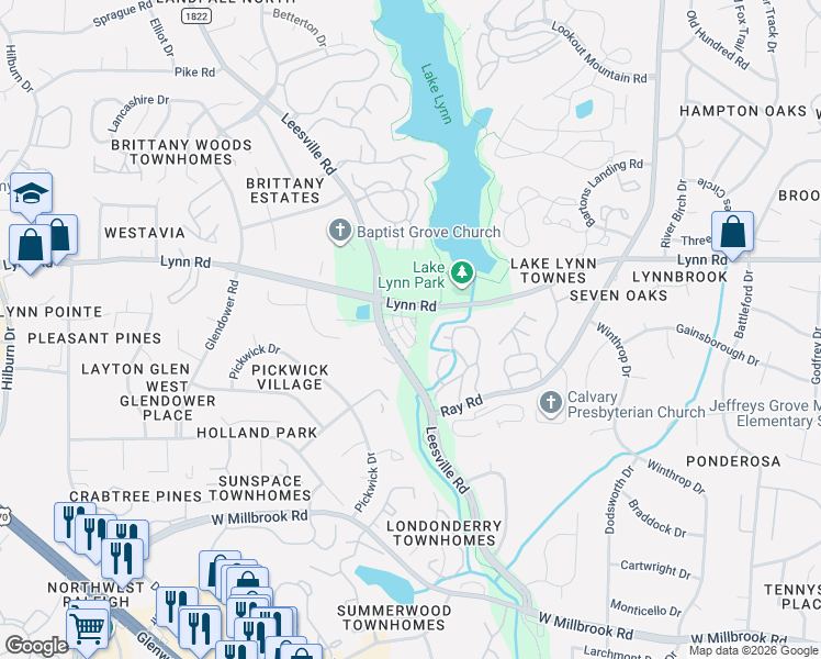 map of restaurants, bars, coffee shops, grocery stores, and more near 201 Broad Leaf Circle in Raleigh