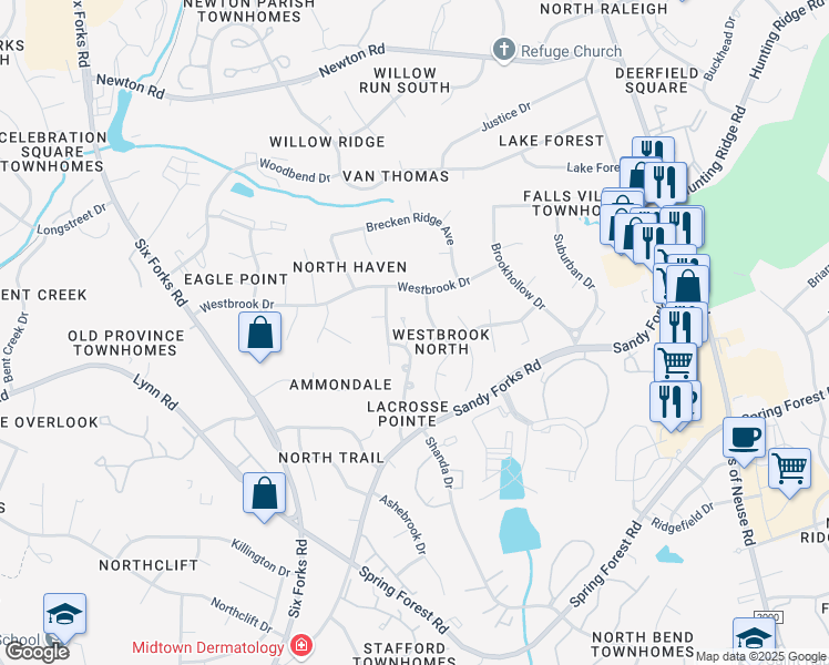 map of restaurants, bars, coffee shops, grocery stores, and more near 6708 Pointe Vista Circle in Raleigh