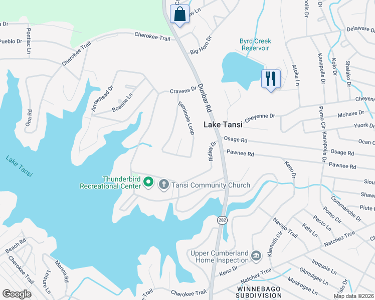 map of restaurants, bars, coffee shops, grocery stores, and more near 3111 Seminole Loop in Crossville