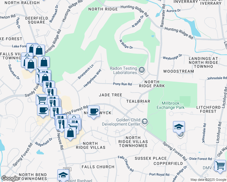 map of restaurants, bars, coffee shops, grocery stores, and more near 6516 Jade Tree Lane in Raleigh