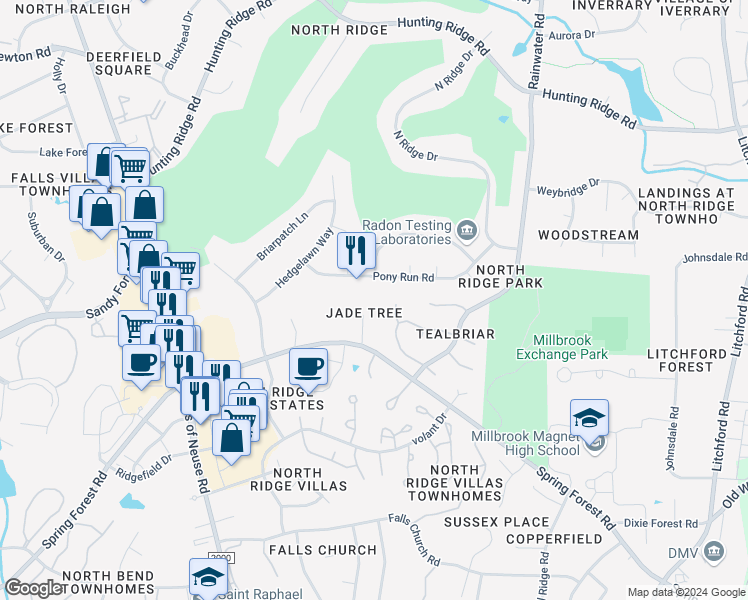 map of restaurants, bars, coffee shops, grocery stores, and more near 6516 Jade Tree Lane in Raleigh