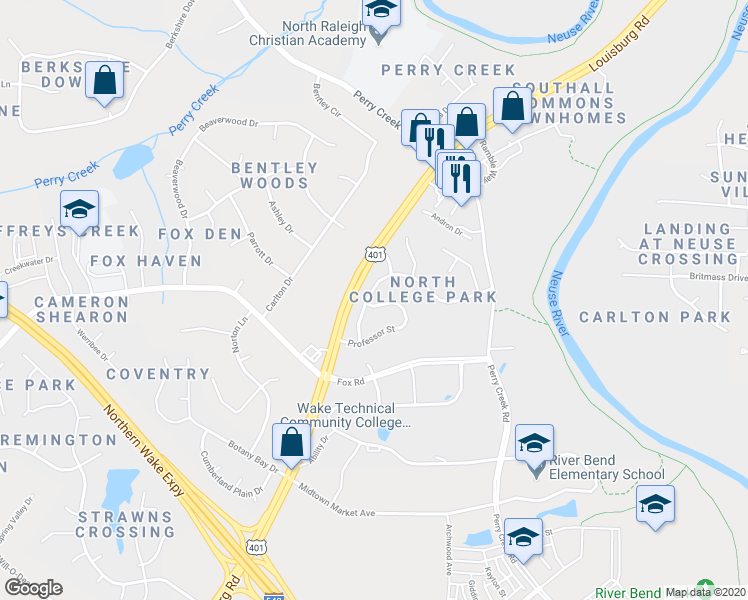 map of restaurants, bars, coffee shops, grocery stores, and more near 6400 Virgilia Court in Raleigh
