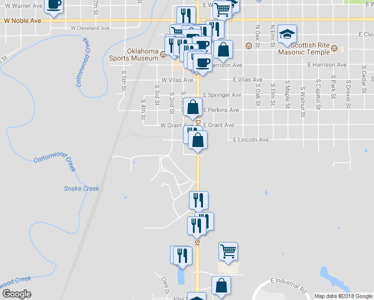 map of restaurants, bars, coffee shops, grocery stores, and more near 714 S 1st St in Guthrie