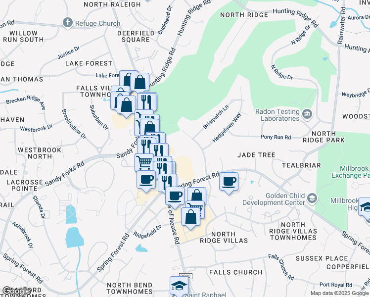 map of restaurants, bars, coffee shops, grocery stores, and more near 6455 New Market Way in Raleigh