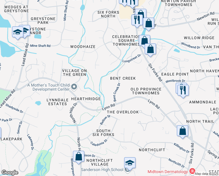 map of restaurants, bars, coffee shops, grocery stores, and more near 6540 English Oaks Drive in Raleigh