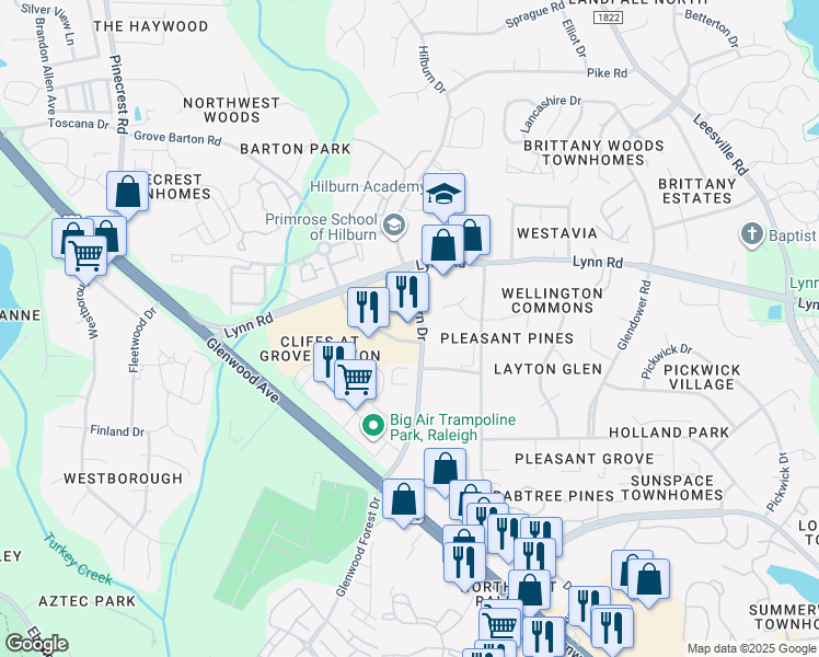 map of restaurants, bars, coffee shops, grocery stores, and more near 4800 Grove Barton Road in Raleigh
