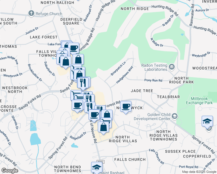 map of restaurants, bars, coffee shops, grocery stores, and more near 6397 New Market Way in Raleigh