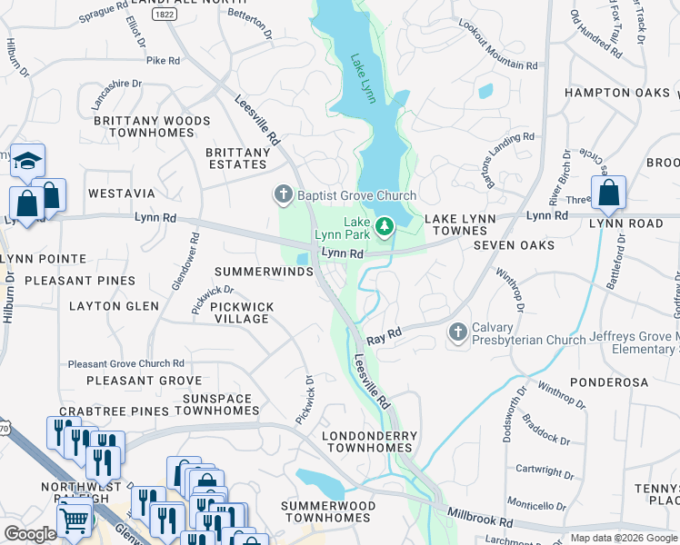 map of restaurants, bars, coffee shops, grocery stores, and more near 201 Broad Leaf Circle in Raleigh