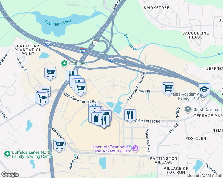 map of restaurants, bars, coffee shops, grocery stores, and more near 6345 Andante Avenue in Raleigh