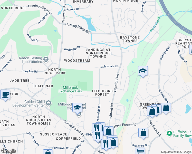 map of restaurants, bars, coffee shops, grocery stores, and more near 6615 Johnsdale Road in Raleigh