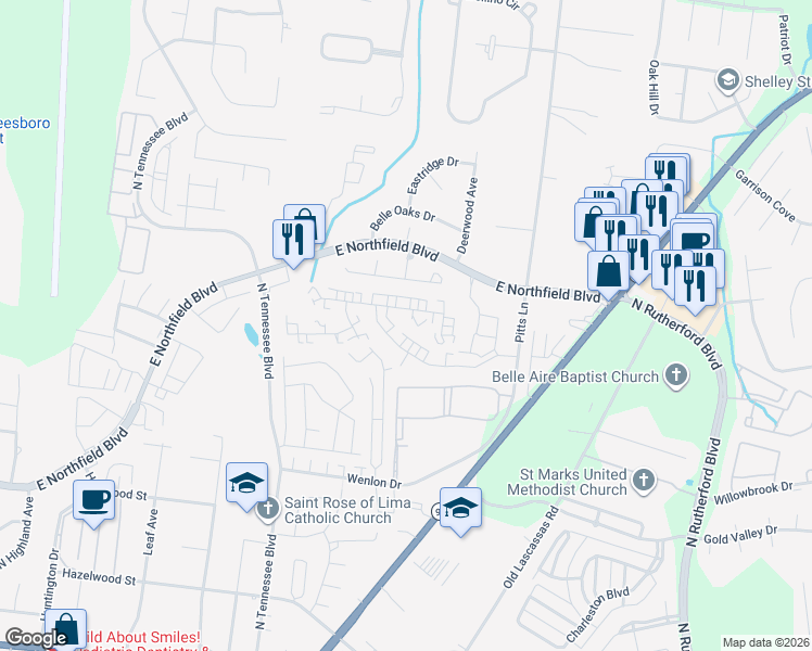 map of restaurants, bars, coffee shops, grocery stores, and more near 1933-1939 Swindon in Murfreesboro