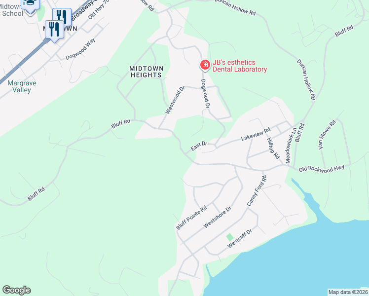 map of restaurants, bars, coffee shops, grocery stores, and more near 104 East Drive in Harriman