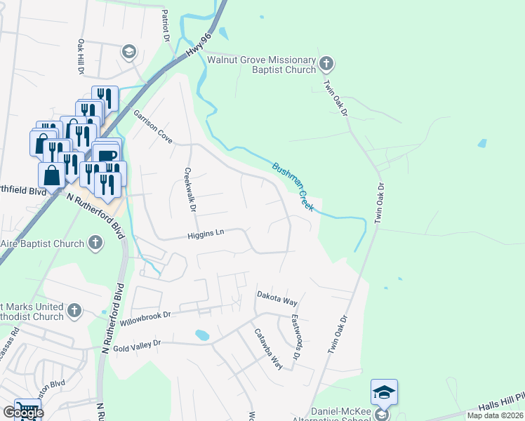 map of restaurants, bars, coffee shops, grocery stores, and more near 1906 Estes Run in Murfreesboro