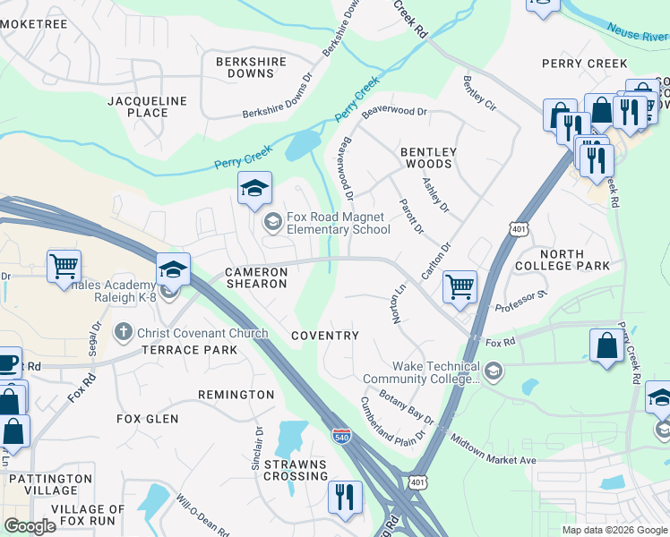 map of restaurants, bars, coffee shops, grocery stores, and more near 7204 Fox Road in Raleigh