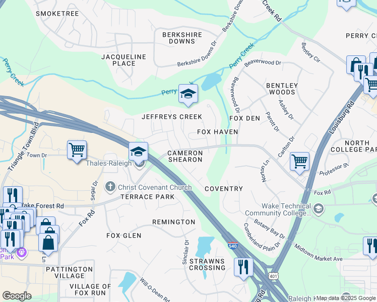 map of restaurants, bars, coffee shops, grocery stores, and more near 7016 Fox Road in Raleigh