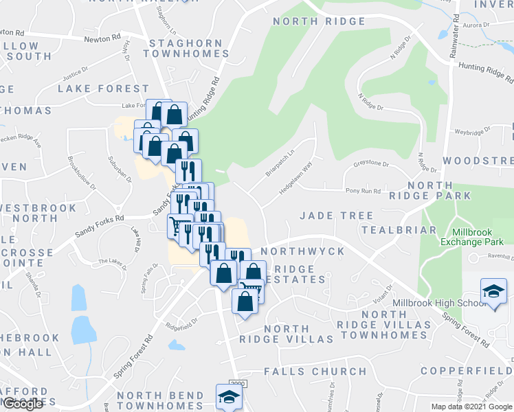 map of restaurants, bars, coffee shops, grocery stores, and more near 6397 New Market Way in Raleigh