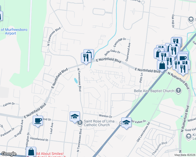map of restaurants, bars, coffee shops, grocery stores, and more near 1355 Macedonia Drive in Murfreesboro