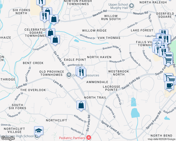 map of restaurants, bars, coffee shops, grocery stores, and more near 6612 Vancouver Lane in Raleigh