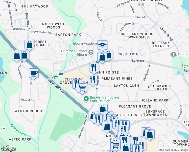 map of restaurants, bars, coffee shops, grocery stores, and more near 4800 Grove Barton Road in Raleigh