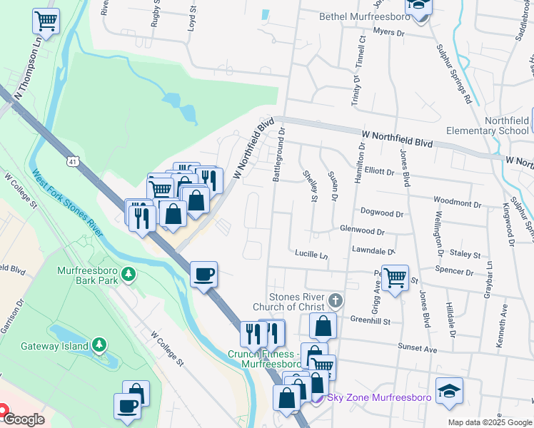map of restaurants, bars, coffee shops, grocery stores, and more near 1807 Battleground Drive in Murfreesboro