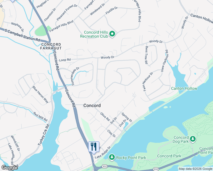 map of restaurants, bars, coffee shops, grocery stores, and more near 11228 Concord Woods Drive in Knoxville