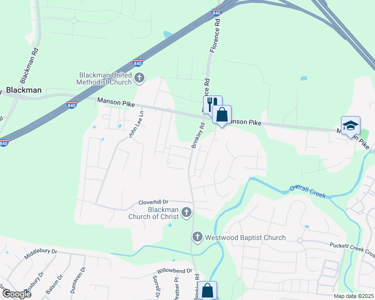 map of restaurants, bars, coffee shops, grocery stores, and more near 4207 Aragorn Way in Murfreesboro