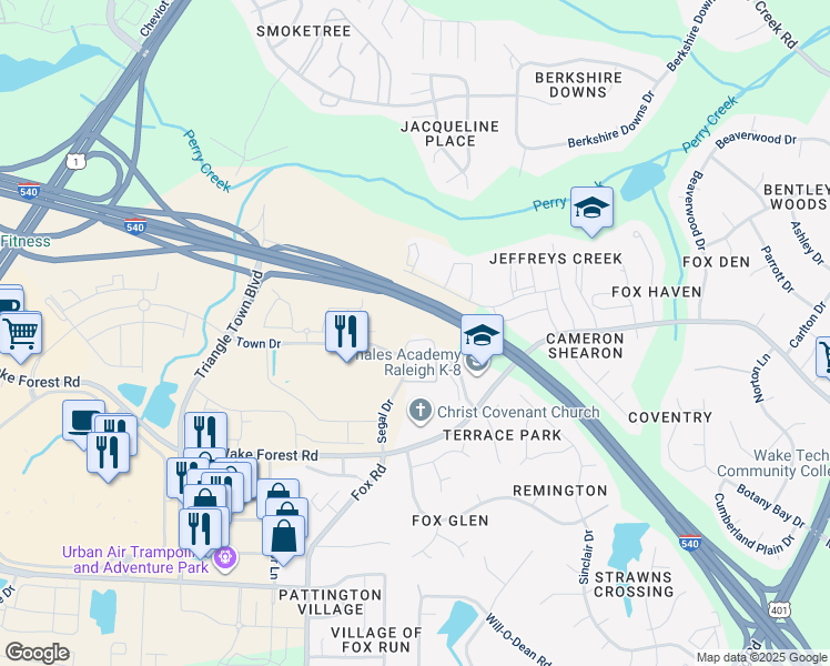 map of restaurants, bars, coffee shops, grocery stores, and more near 6350 Bergot Street in Raleigh