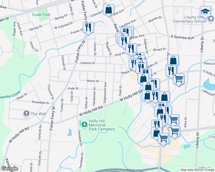 map of restaurants, bars, coffee shops, grocery stores, and more near 605 Edgewood Avenue in Thomasville