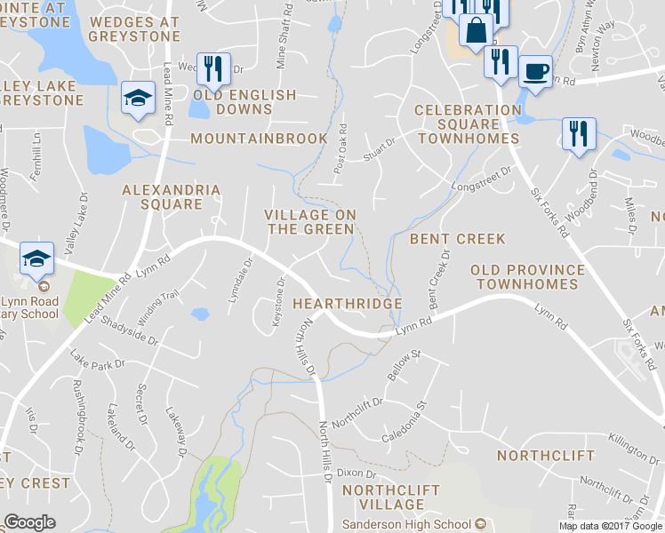 map of restaurants, bars, coffee shops, grocery stores, and more near 1132 Villa Green Court in Raleigh