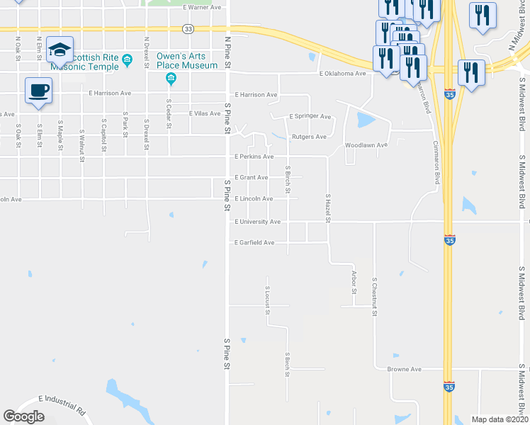 map of restaurants, bars, coffee shops, grocery stores, and more near 715 South Locust Street in Guthrie