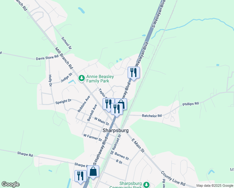 map of restaurants, bars, coffee shops, grocery stores, and more near 3504 North Hathaway Boulevard in Rocky Mount