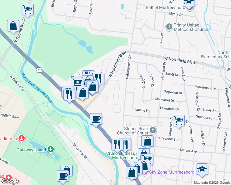 map of restaurants, bars, coffee shops, grocery stores, and more near 1710 North Cove in Murfreesboro
