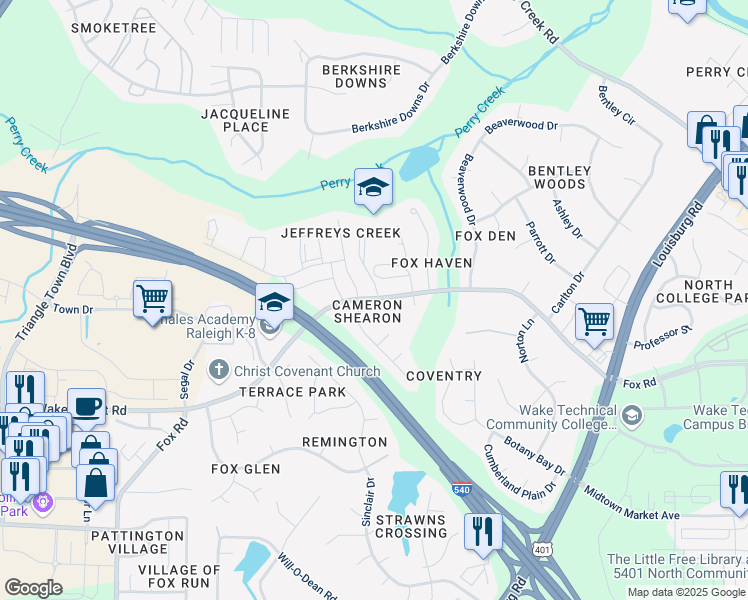 map of restaurants, bars, coffee shops, grocery stores, and more near 7016 Fox Road in Raleigh