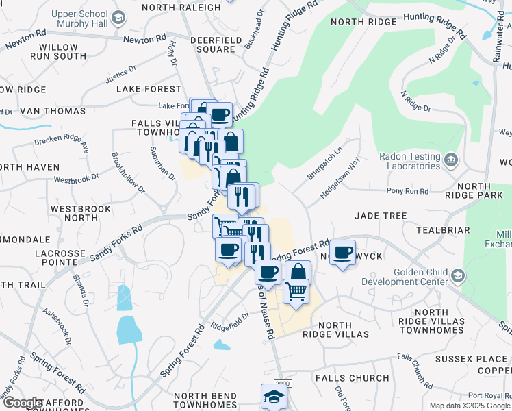 map of restaurants, bars, coffee shops, grocery stores, and more near 6508 Falls of Neuse Road in Raleigh