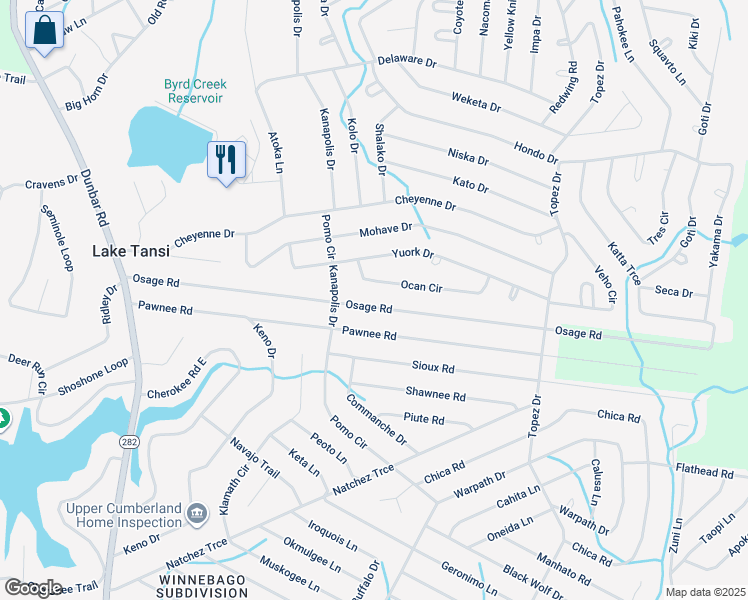 map of restaurants, bars, coffee shops, grocery stores, and more near 6211 Osage Road in Crossville