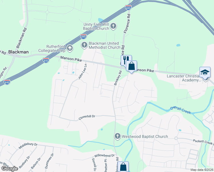 map of restaurants, bars, coffee shops, grocery stores, and more near 4207 Aragorn Way in Murfreesboro