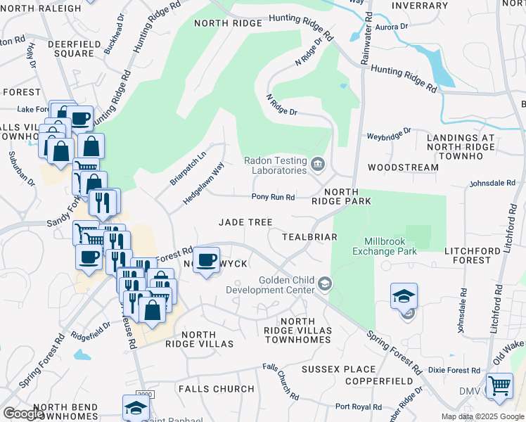 map of restaurants, bars, coffee shops, grocery stores, and more near 6821 Chasewick Circle in Raleigh